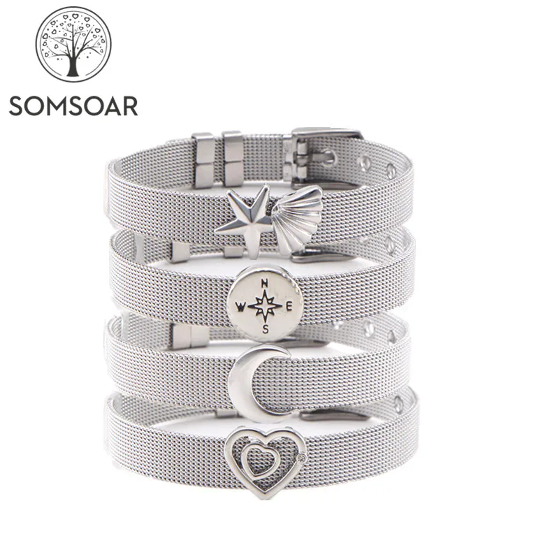 

Newest Cheaper Somsoar Jewelry Silver Stainless Steel Mesh Bracelet Bangles with DIY Slide Charms Bracelets as mother's Day Gift