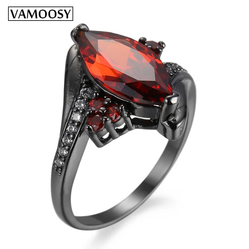 

VAMOOSY Big Round Red Fire Zircon Rings for Female Male Black Gold Filled Fashion Wedding Party Engagement Ring Simple Jewelry