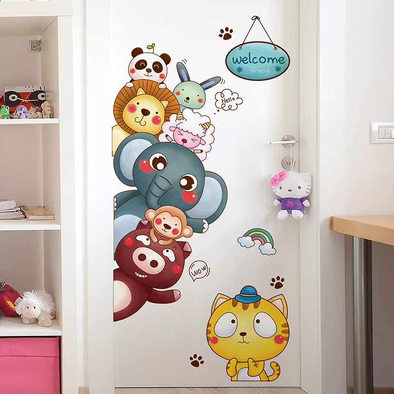 

[shijuekongjian] Cartoon Animal Wall Stickers DIY Door Sticker for Kids Rooms Kindergarten Baby Bedroom Decoration Children Gift