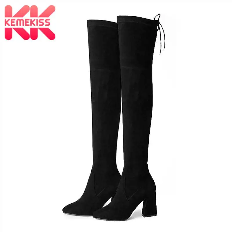 

KemeKiss Thigh High Boots Fashion Zipper Stretch Shoes For Women Fall Winter Keep Warm Bowtie High Heels Booties Size 35-40