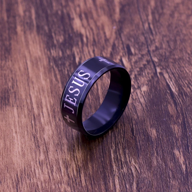 Черный Титановый стальной с Иисусом кольца крест молитвенные буквы библейские обручальные кольца мужские ювелирные изделия