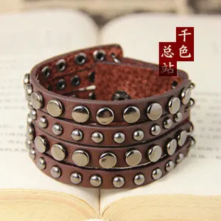 Fashion WIde Brown Genuine Leather Bracelets Metal Studs Cool Rock Men Woman Wristband Cuff Bangle Gift | Украшения и аксессуары