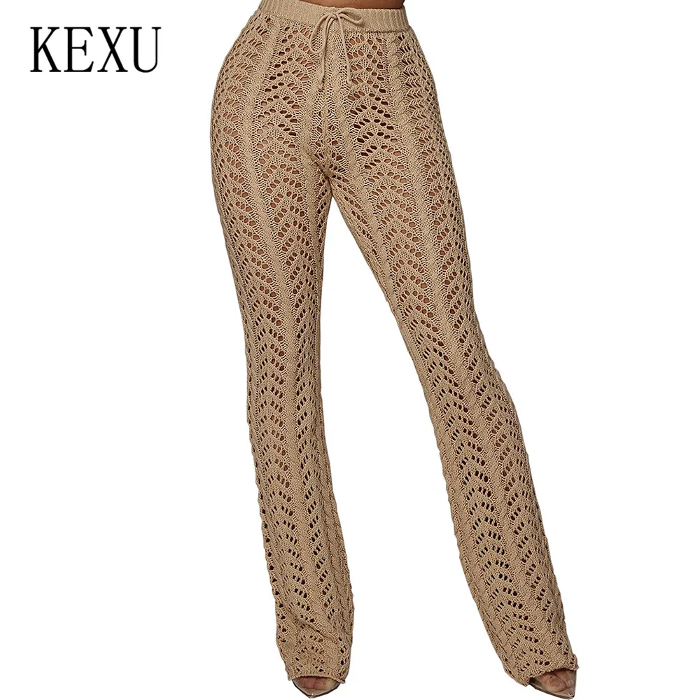 KEXU Elegant Crochet Knitted Beach Long Pants Women Summer Lace-up Casual Hollow Out Pants Ladies Boho Club Beachwear Femme