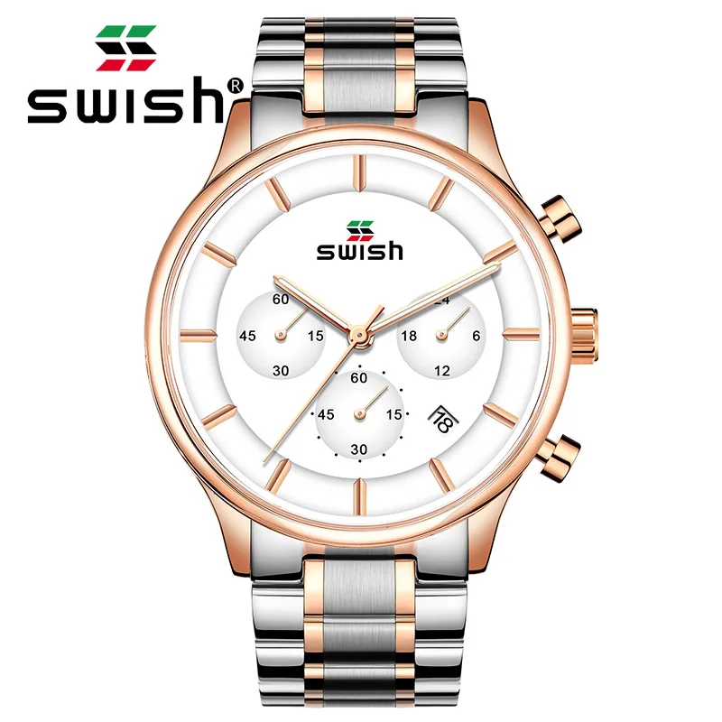 

SWISH Watches Men Waterproof Stainless Steel Wrist Watch Chronograph Date Luminous Quartz Watch Wristwatch Men