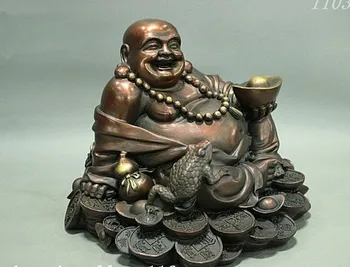 

YM 308 China Buddhism Bronze Wealth Coin Toad Happy Maitreya Buddha Statue