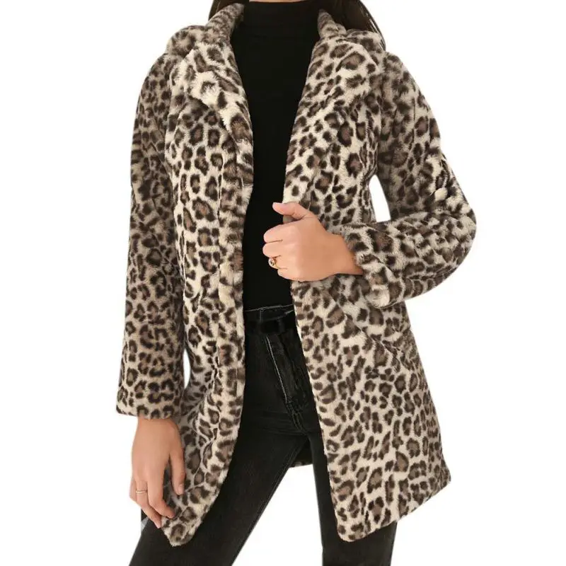 Women Winter Faux Fur Lapel Coat Warm Sexy Leopard Print Coat Fashion Long Sleeve Outerwear