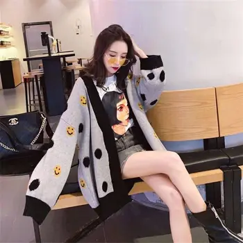 

2019 New Spring Autumn Sweater Coat Women Loose Korean Lazy Wind Patchwork Jacket Print Knitted Cardigan Outerwear f899