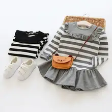 Школа малых и средних детская ветровка платье с длинными рукавами Весенняя Новинка в полоску для девочек круглый вырез горловины стороне воротника повседневные платья