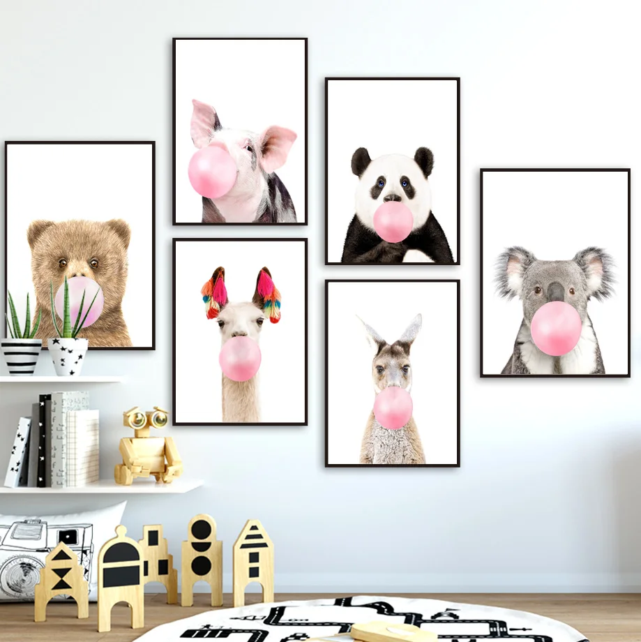 Koala kangaroo Panda Bear Blowing Bubbles Wall Art Canvas Painting Nordic Posters And Prints Pictures Baby Kids Room Decor | Дом и сад