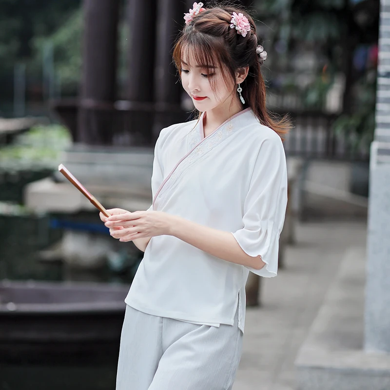 Черная Женская Повседневная рубашка с длинным рукавом, традиционный китайский стиль, топ Тан, классический воротник-стойка, блузка, винтажная ткань - Цвет: color1