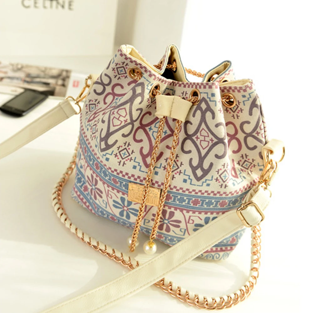 

New Arrival Bohemia Canvas Drawstring Bucket Bag Shoulder Handbags Lady Faux Pearl Letter Bucket Tote Shoulder Crossbody Bag