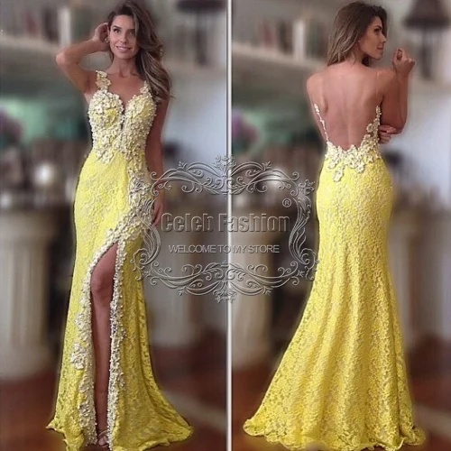 

Vestido longo Lace Appliques Full Bodice Sexy Side Slit V-Neck Straps Open Back Long Mermaid Yellow Real Made Evening Dress
