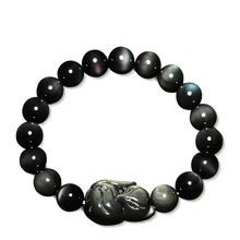 Natural Stone Obsidian Fox Round Beaded Bracelet Rainbow Eye Foxhound Jewelry Bracelets For Women Single Lap Hand String Bangle best selling 12mm natural rainbow eyes obsidian men and women beaded bracelet jewelry