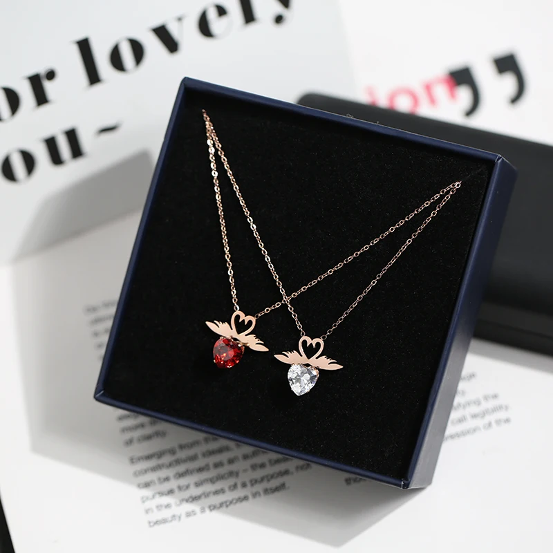 

YUN RUO Rose Gold Color Fashion Double Swan Heart Crystal Pendant Necklace Titanium Steel Jewelry Woman Birthday Gift Never Fade