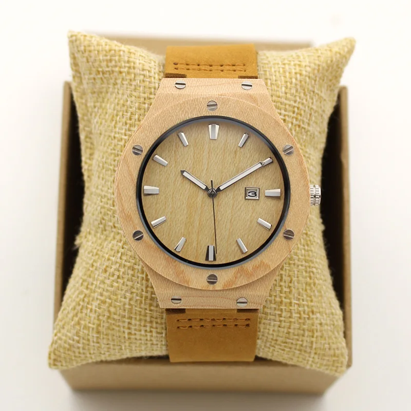 

Fashion Japan Movement Mens Bamboo Wood Watch Luxury Quartz Wooden Calendar Wristwatches Male Vintage Brown With Box 2018 New