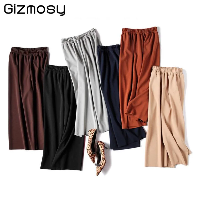 

Korean Summer Loose Pants Women Chiffon Wide Leg Pants Causal Ladies Solid Color Students Elastic Waist Nine Point Pants A8353