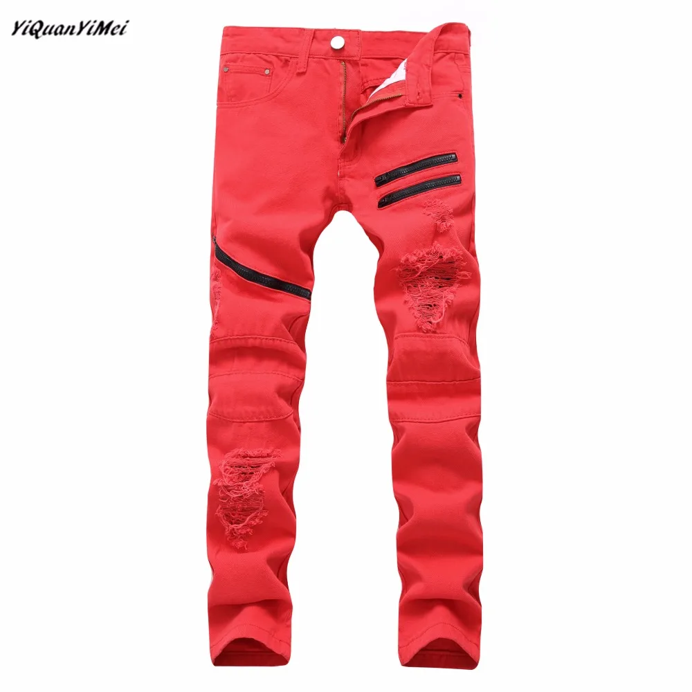 Yiquanyimei новые модные красные рваные джинсы мужские узкие мужчин Distressed Jean Брюки для