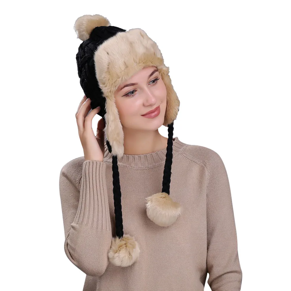 Warm Women Winter Hat with Ear Flaps Snow girl Thick Knit Wool Beanie