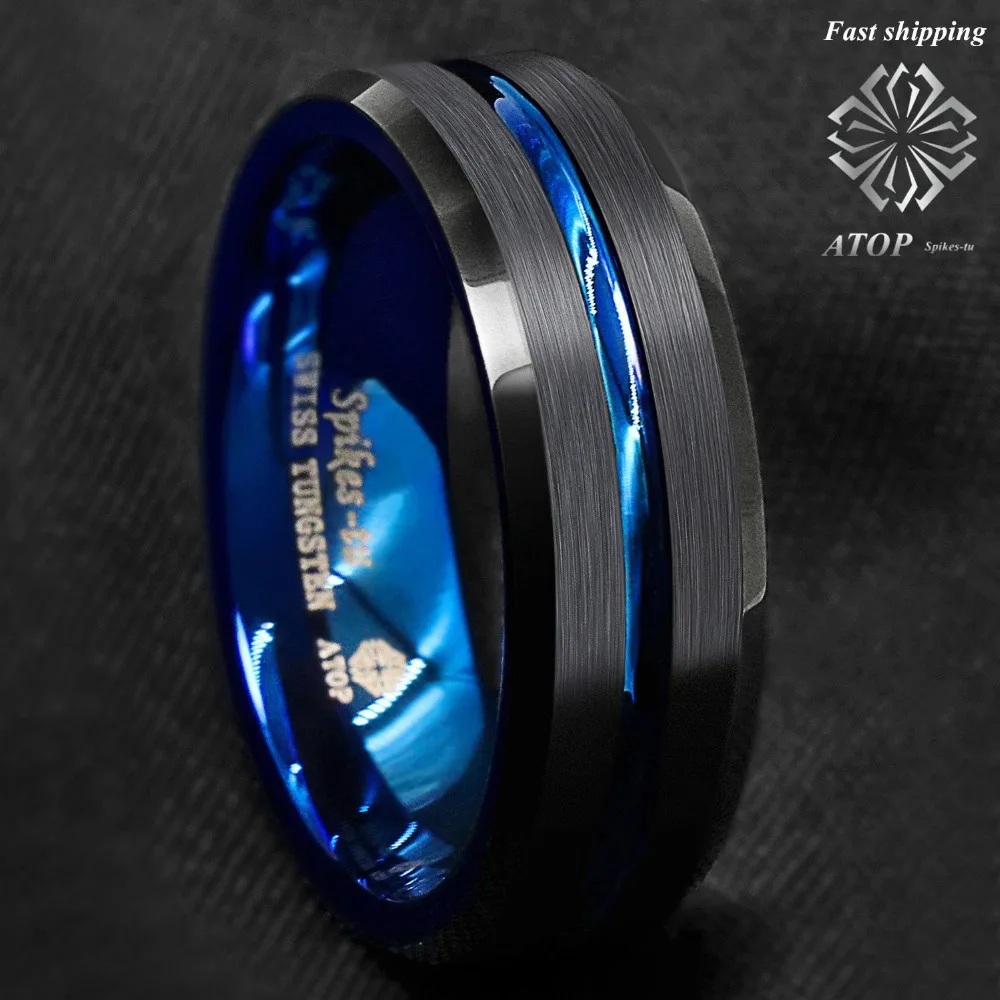 8mm Tungsten Men's Ring Thin Blue Line-Inside Black Brushed Band ATOP Jewelry