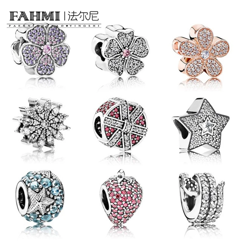 

FAHMI 100% Genuine 925 Sterling Silver Flower type beads Clear CZ Charm bead Fit Bracelet DIY bangle Pendants Genuine Jewelry