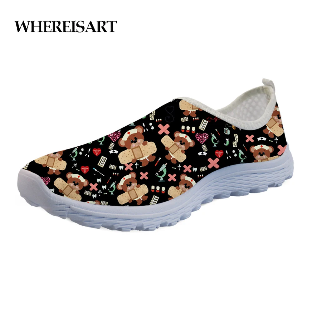 

WHEREISART Flats Ladies Shoes Fashion Casual Sneakers Black Women Cartoon Cute Nurse Bear Pattern Light Mesh Shoes for Female