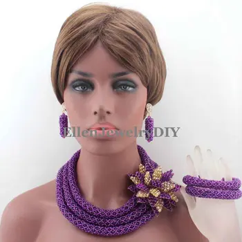 

Purple Beauty African beads Jewelry Set Bride Crystal nigerian wedding beads jewelry Necklace Set Flower Brooch W13452