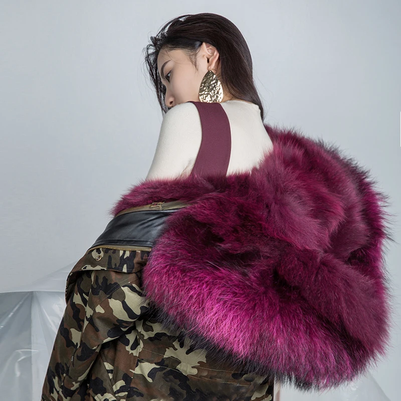 2017 Mulheres casaco de inverno outwear quente natural grande pele de guaxinim gola de pele verdadeira parka forro de pele de raposa de luxo camuflagem parka jaqueta