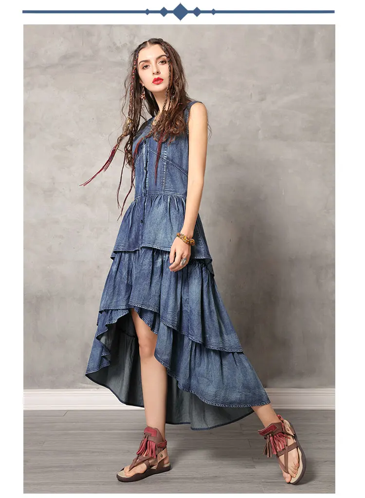 Летнее платье Yuzi. Мая Boho новые джинсовые платья Femininos с круглым вырезом без рукавов однобортные женские платья русалки A82152