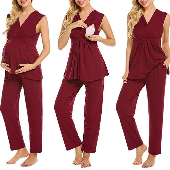 

Women Maternity Nursing Sleeveless Solid Set Pregnancy Breastfeeding Tops Pants New arrival 2019