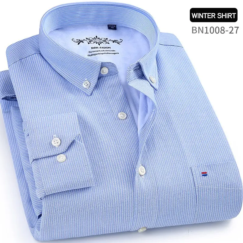 Winter mens work shirts striped solid color Long sleeve social men dress shirt oxford male shirts Plus size 4XL White color - Цвет: BN1008-27