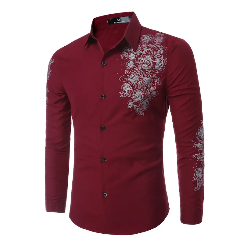 Для мужчин платье с цветочным рисунком рубашки Slim Fit мужской хлопок высокое