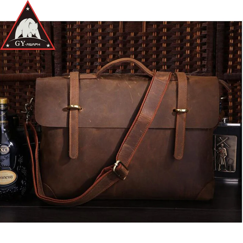 

ANAPH Crazy Horse Men's Leather Briefcases, College Satchels Attached 15 Inch Laptop Case, Vintage Messenger Bags, In Brown