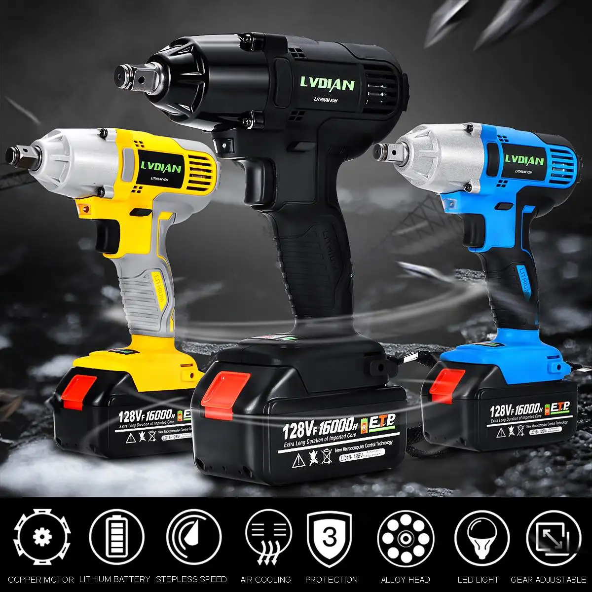 

16000mah Rechargeable Cordless Electric Impact Brushless Wrench Kit Hand Drill 18.5x19cm Waterproof Power Tools LED lights