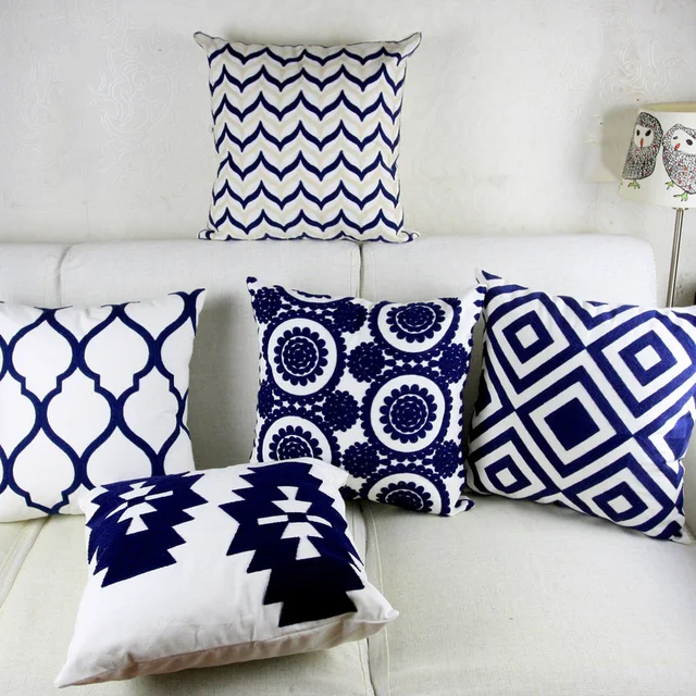 Navy Blue Embroidery Cushion Cover Geometric Moroccan Pillow Case Navy Blue Embroidery Cushion Cover Geometric Moroccan Pillow Case With Embroidered For Sofa Seat Simple Home Decor 45 45cm
