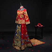 Sumptuous chinese style wedding dress Red Black Retro bride Toast wedding Festive dress formal cheongsam vintage long-sleeve