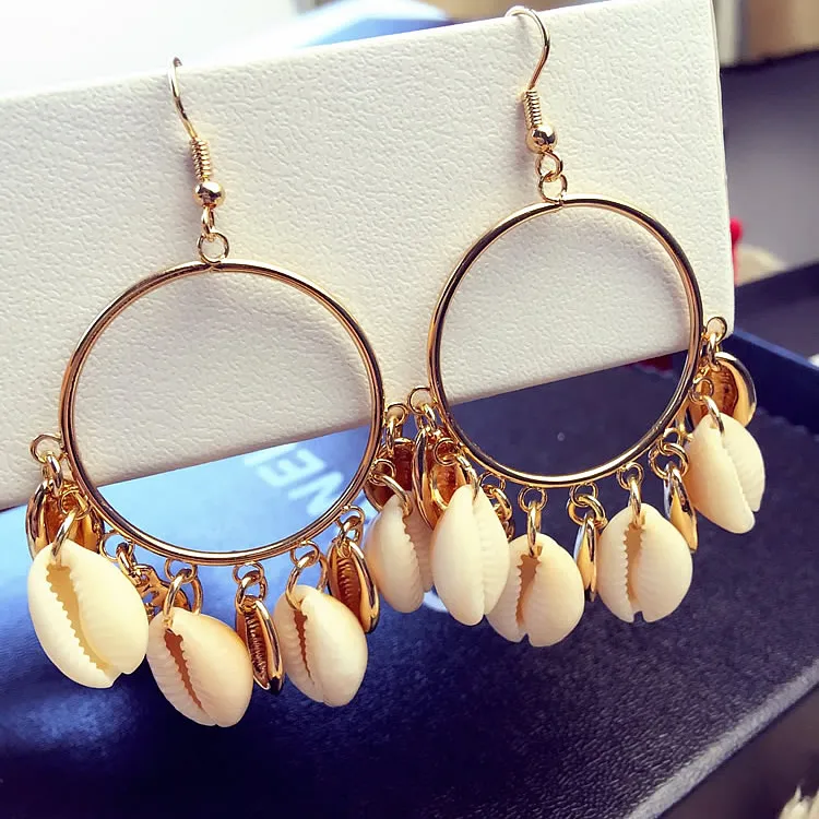 

Fashion Women Bohemian Style Cowary Shell Big Circle Drop Earrings High Quality Man-made Ivory Shell Dangle Earrings