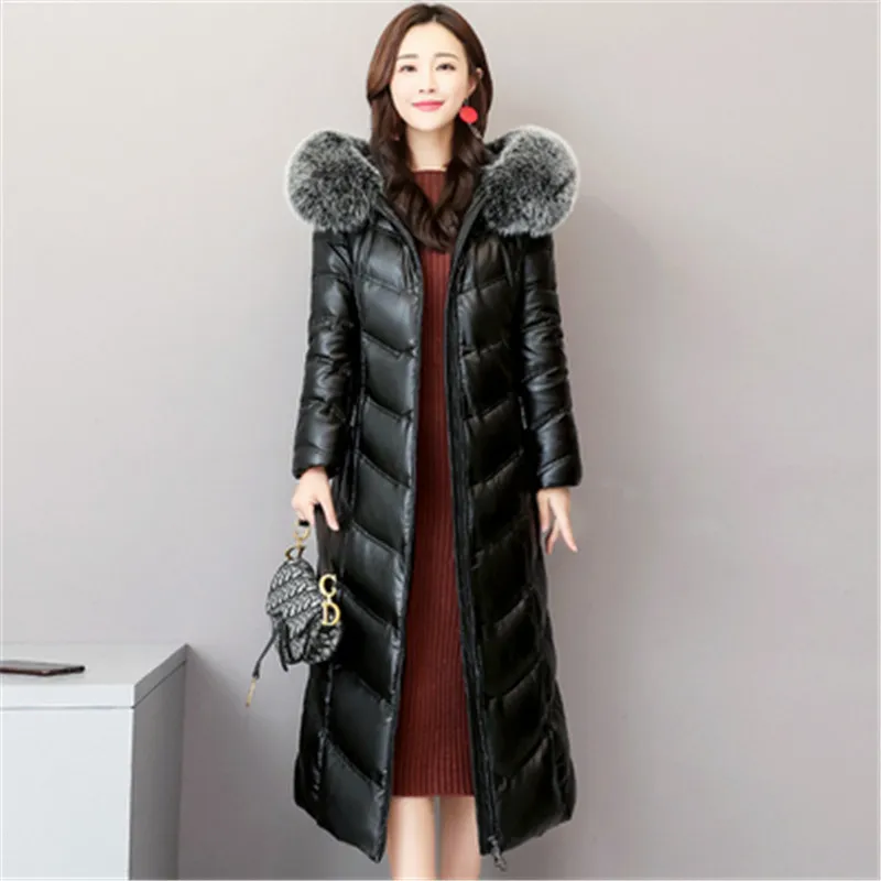 

Winter Plus size Down Leather Jacket Women Parka Fox fur collar Slim Thick Long coat women Long-sleeve Leather Hooded Jacket 5XL