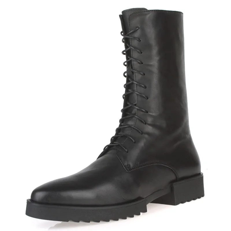 Heels Militärische Männlichen kalb Motorrad Mid Leder Sicherheit Med Stiefel Schuhe Black Winter Top Lace Reiten Runway Herren Echtem Up High 6wqWw1Raf