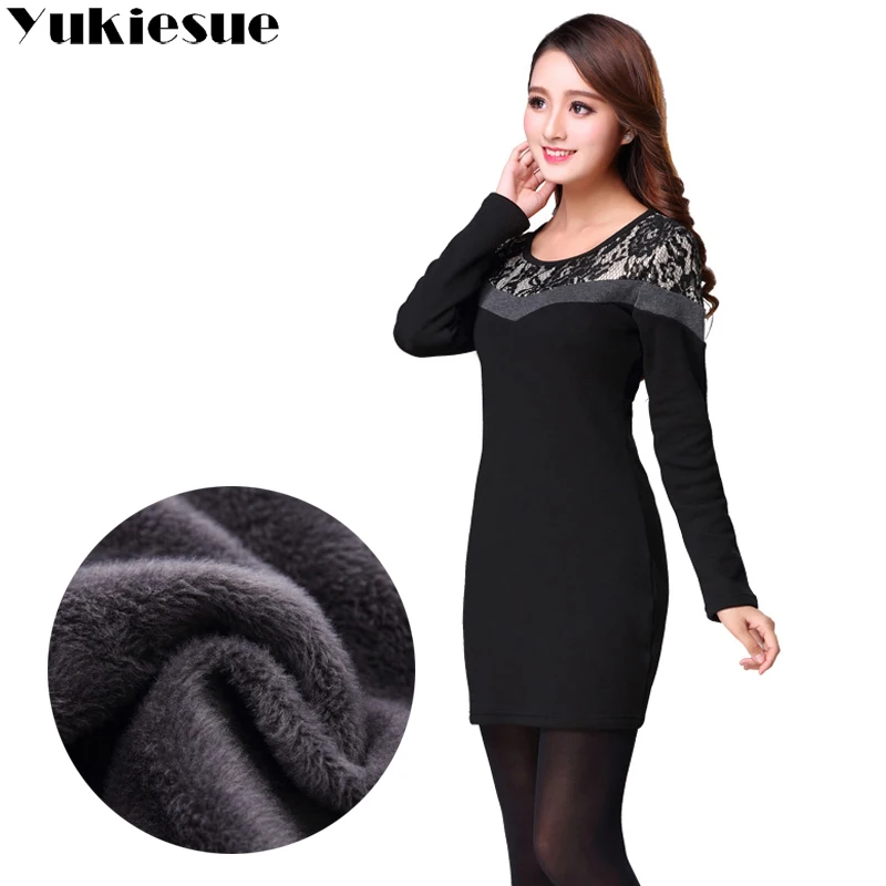 

Winter warm fleece dress women 2018 patchwork lace off shoulder pencil mini dresses womens OL office work wear dresses Plus size