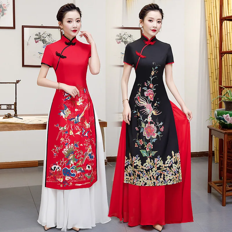 Плюс размер 3XL 4XL 5XL красный китайский традиционный Женский Aodai вышивка цветок Qipao Винтаж Cheongsam Новинка китайское торжественное платье