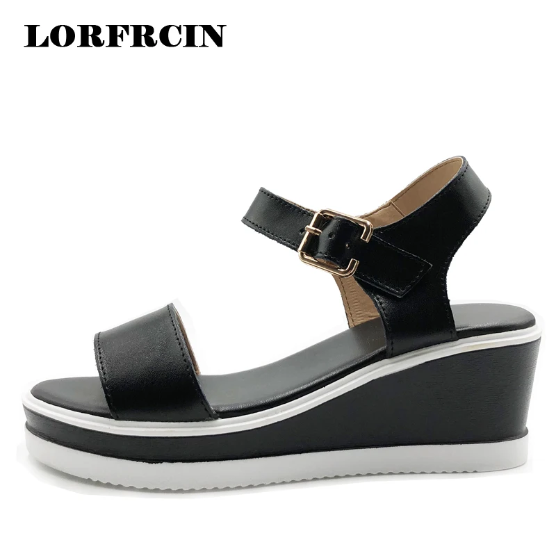 Split Leather Women Sandals Flat Wedges Platform Sandals Summer White ...