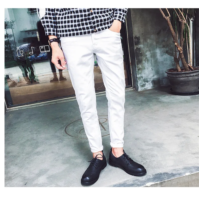 Новый сплошной цвет хип хоп промывают джинсовые брюки задний карман мужские длинные брюки