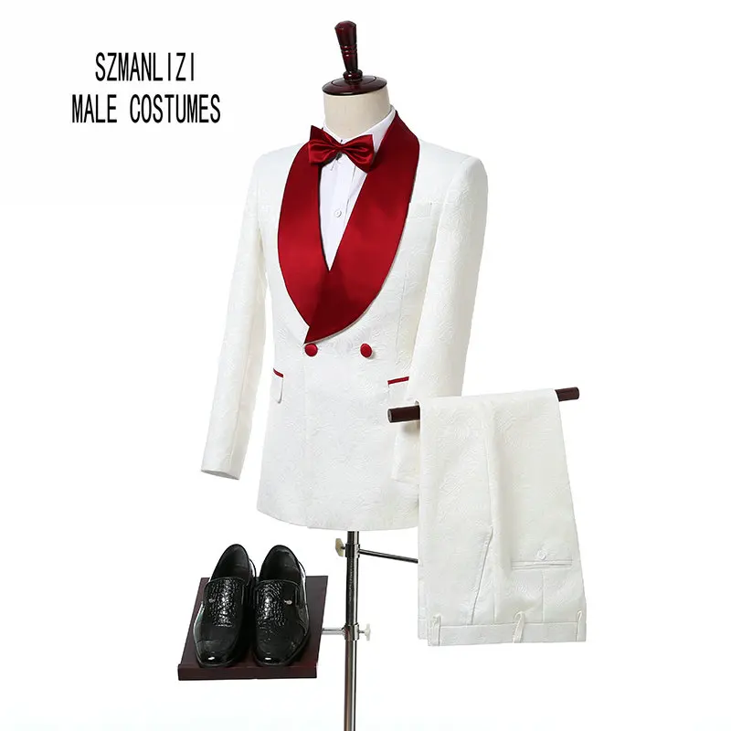 2019 Men White Printed Suits Double Breasted Wedding Suits for Men Groom Tuxedos Custom Made Formal Best Man Blazers Bridegroom 2019 Men White Printed Suits Double Breasted Wedding Suits for Men Groom Tuxedos Custom Made Formal Best Man Blazers Bridegroom