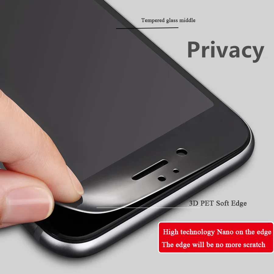 

For iPhone X 8 7 6S 6 Plus 3D Full Cover Privacy Anti Glare Tempered Glass Screen Protector with Carbon Fiber Soft Edge