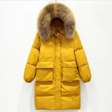 Зимнее теплое пуховое пальто для женщин с натуральным меховым воротником, белые пуховики на утином пуху, женские свободные длинные парки с капюшоном, большие размеры, верхняя одежда