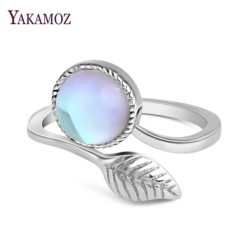 

YAKAMOZ Adjustable Vintage Moonstone Stone Rings for Women New Fashion Silver Color Feather Leaf Opening Ring bague Jewelry