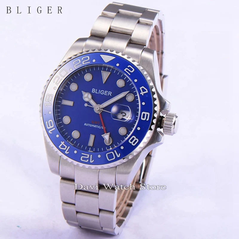 

43mm Bliger Mechanical automatic GMT sapphire glass 24-Hour Dial Mens Watch