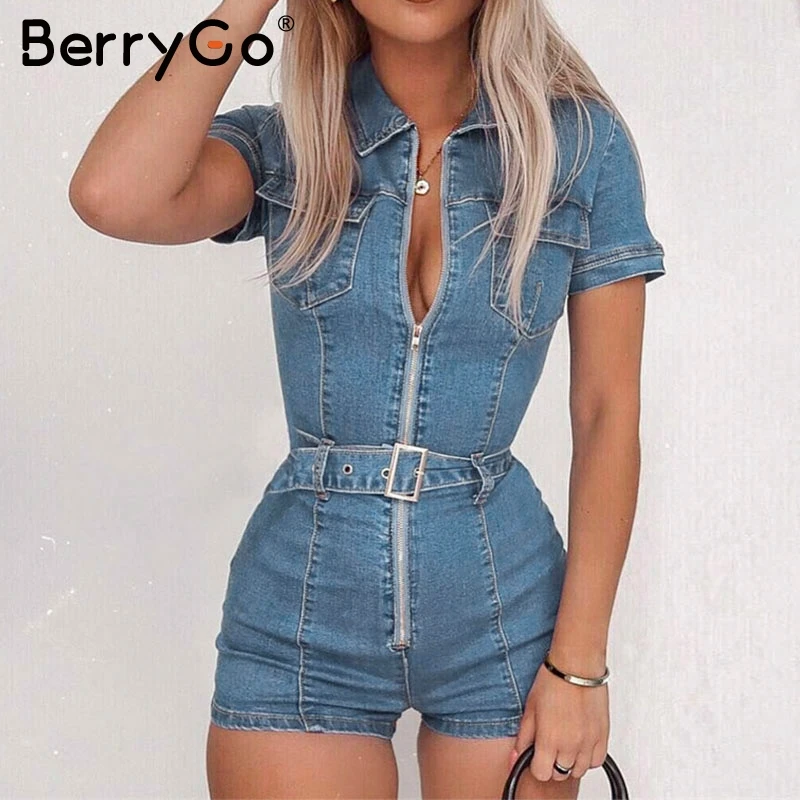 Женский джинсовый комбинезон BerryGo с карманами на молнии лето| |