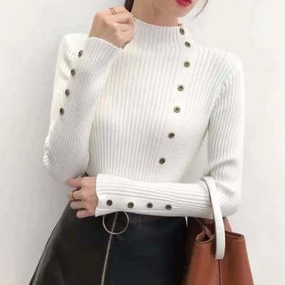 New Fashion Button Turtleneck Sweater Women Spring Autumn Solid Knitted Pullover Women Slim Soft Jumper Sweater Female Knit Tops - Цвет: white