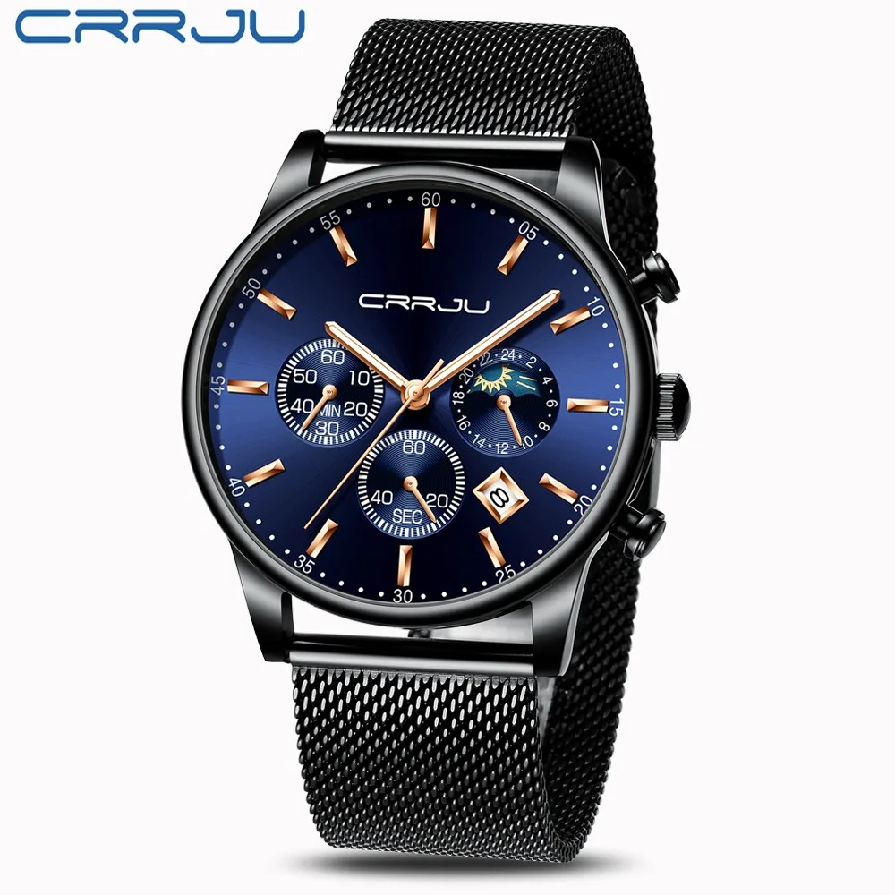 Reloj hombre CRRJU Топ Роскошные мужские многофункциональные часы водонепроницаемые деловые повседневные кварцевые наручные часы с датой мужские часы с сетчатым ремешком - Цвет: black blue rose